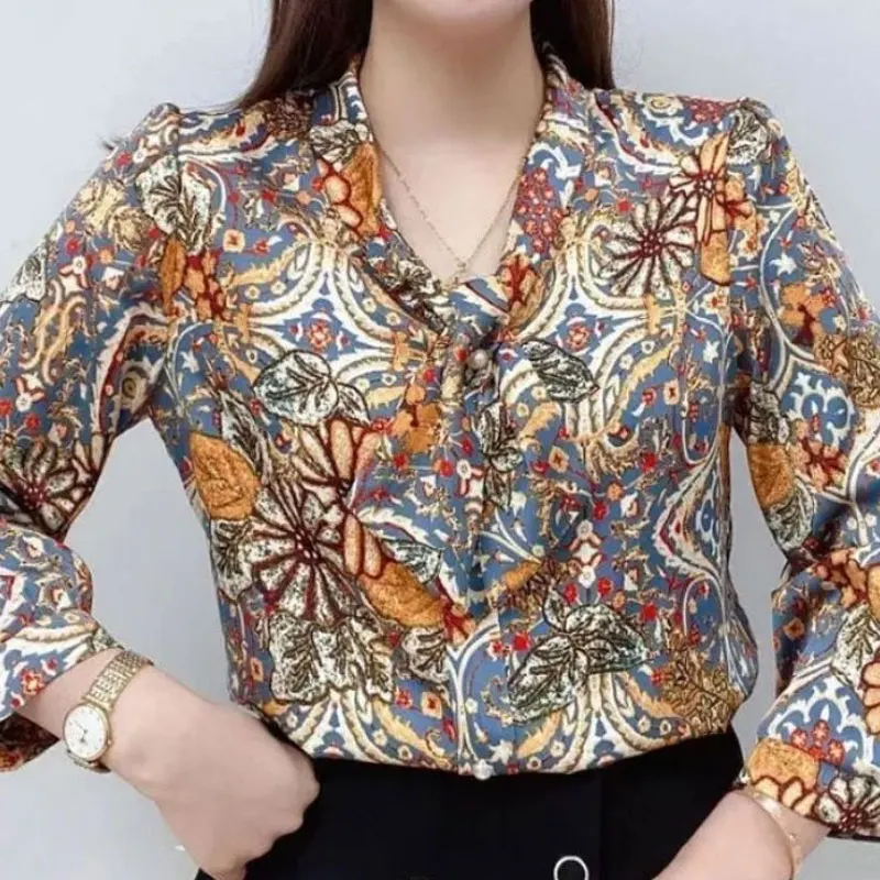 Vintage Floral Printed Fashion Scarf Collar Shirt Spring Autumn Loose Spliced Female Clothing Commute Long Sleeve Casual Blouse