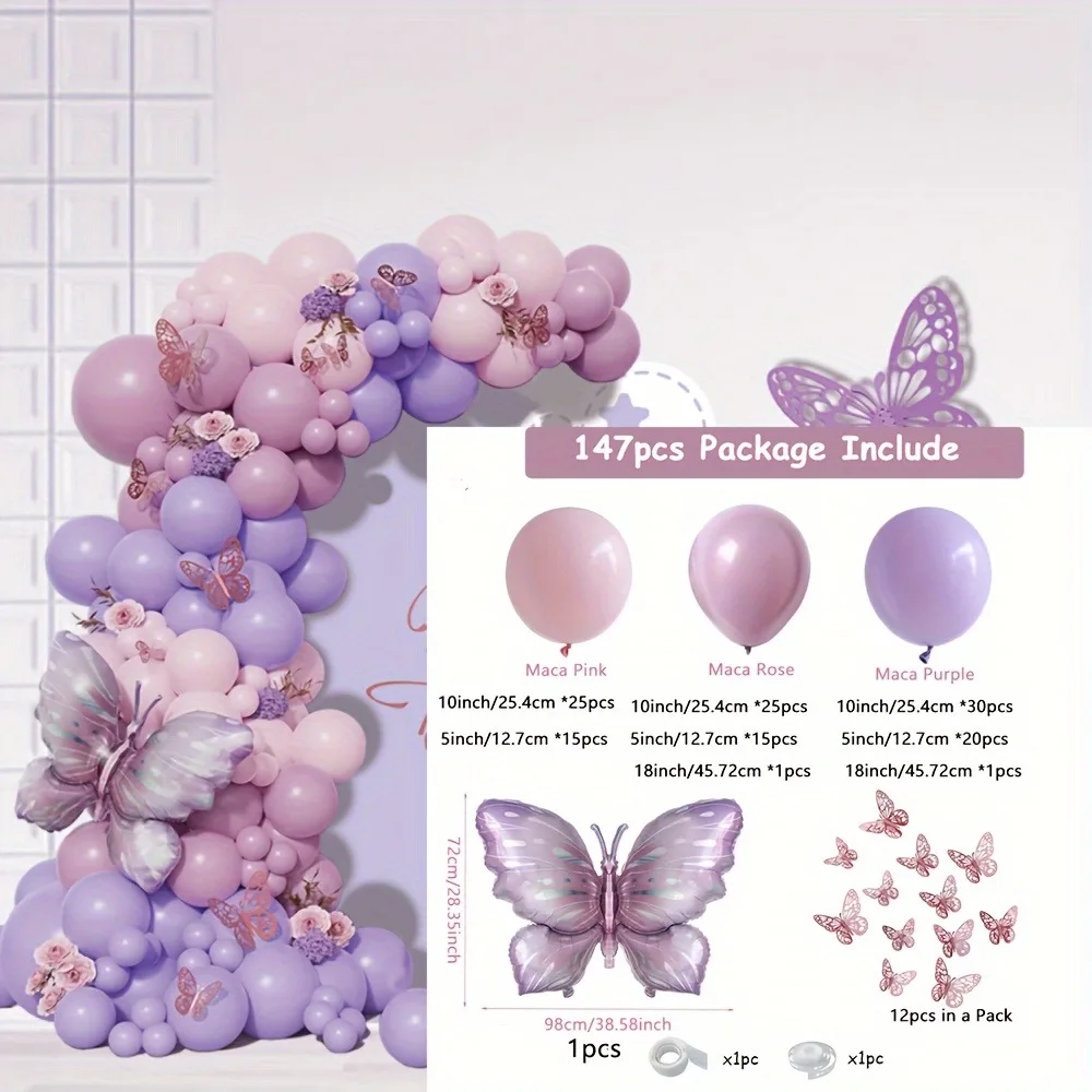 147PCS Purple Butterfly Arch Set, Pink and Rose Gold Accessories - Suitable for Birthday, Wedding, Indoor and Outdoor Decoration