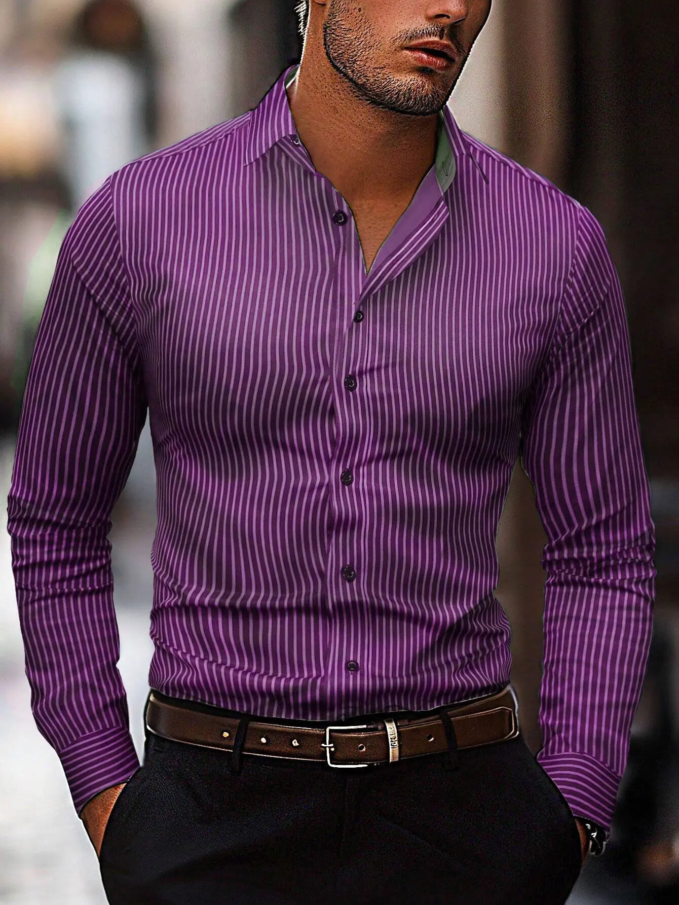 Men\'s fashion striped pattern shirt, casual breathable lapel button long -sleeved shirt comfortable and soft fabric shirt