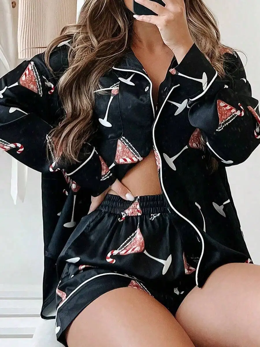 

Women Christmas Satin Pajama Set Candy Cane Print Long Sleeve Button Down Top And Shorts Sleepwear Loungewear
