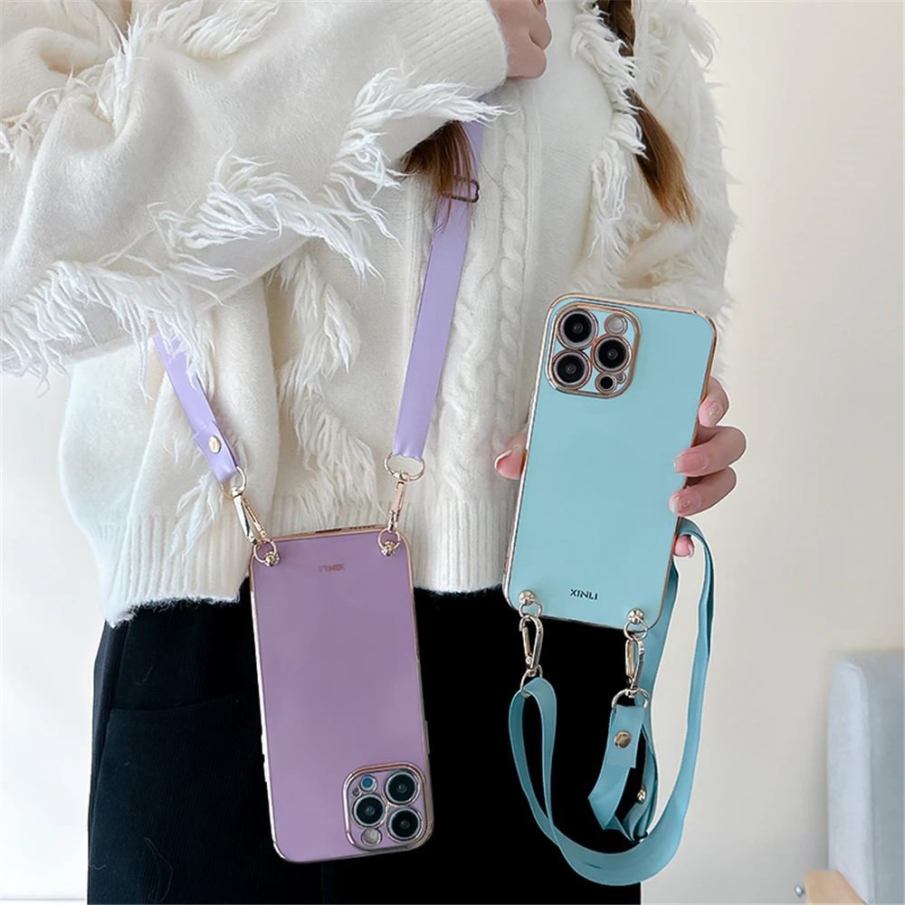 Crossbody Lanyard Plating Phone Case For Xiaomi Mi 12 13 11 Lite 12T 11T Pro POCO X5 Pro M3 M4 X4 X3 Pro 5G Soft Silicone Cover