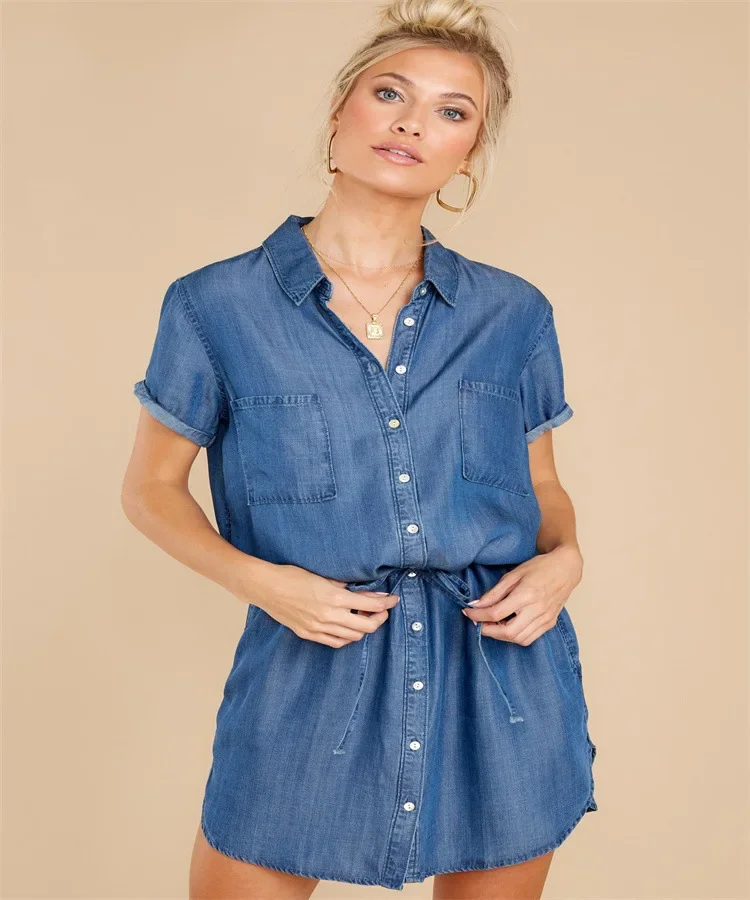 قمصان جينز نسائية عصرية أمريكية جديدة بلون سادة وأزرق داكن وأكمام قصيرة سترات نسائية عصرية غير رسمية تنورة ملابس الشارع الشهير