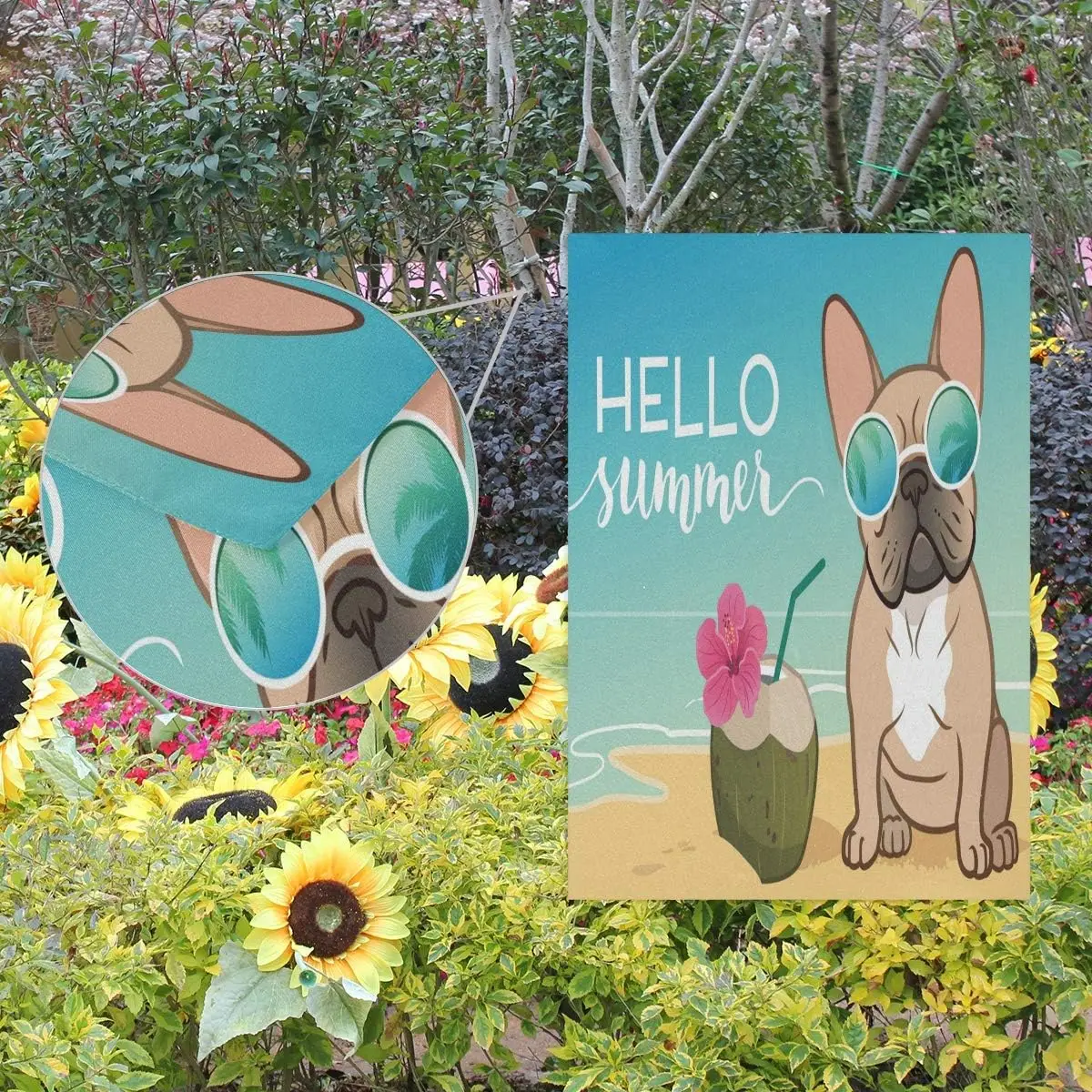 MOYYO Summer Beach French Bulldog Puppy Garden Flag 12 x 18 Inch Vertical Double Sided Welcome Yard Garden Flag Seasonal Hol yyi