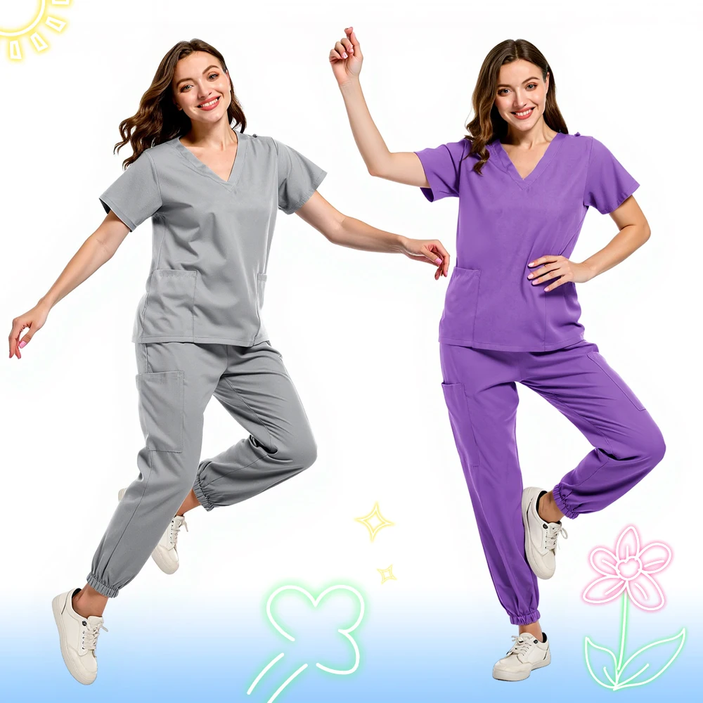 Verpleegster Joggerpak Veelkleurige Scrubs Set Medische Klinische Kleding Arts Verplegingsuniformen Korte Mouw V-hals Tops Zakbroek