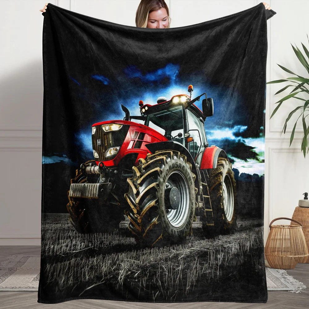 1pc Fluffy Throw Blanket with Vibrant Tractor & Engineering Vehicles Print - Soft Flannel All-Season Warmth for Sofa, Bed, Campi