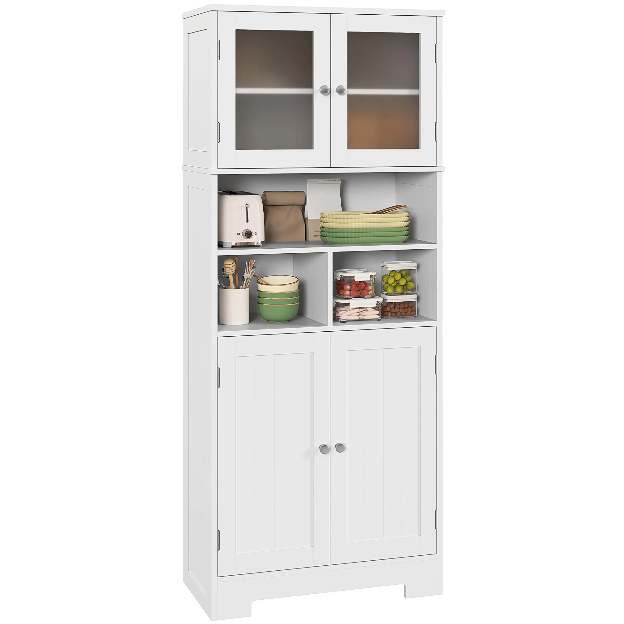 HOMCOM Alacena Alta con Armarios y Estantes Abiertos Puertas de Cristal Estantes Ajustables y Sistema Antivuelco 60x30x145,5 cm