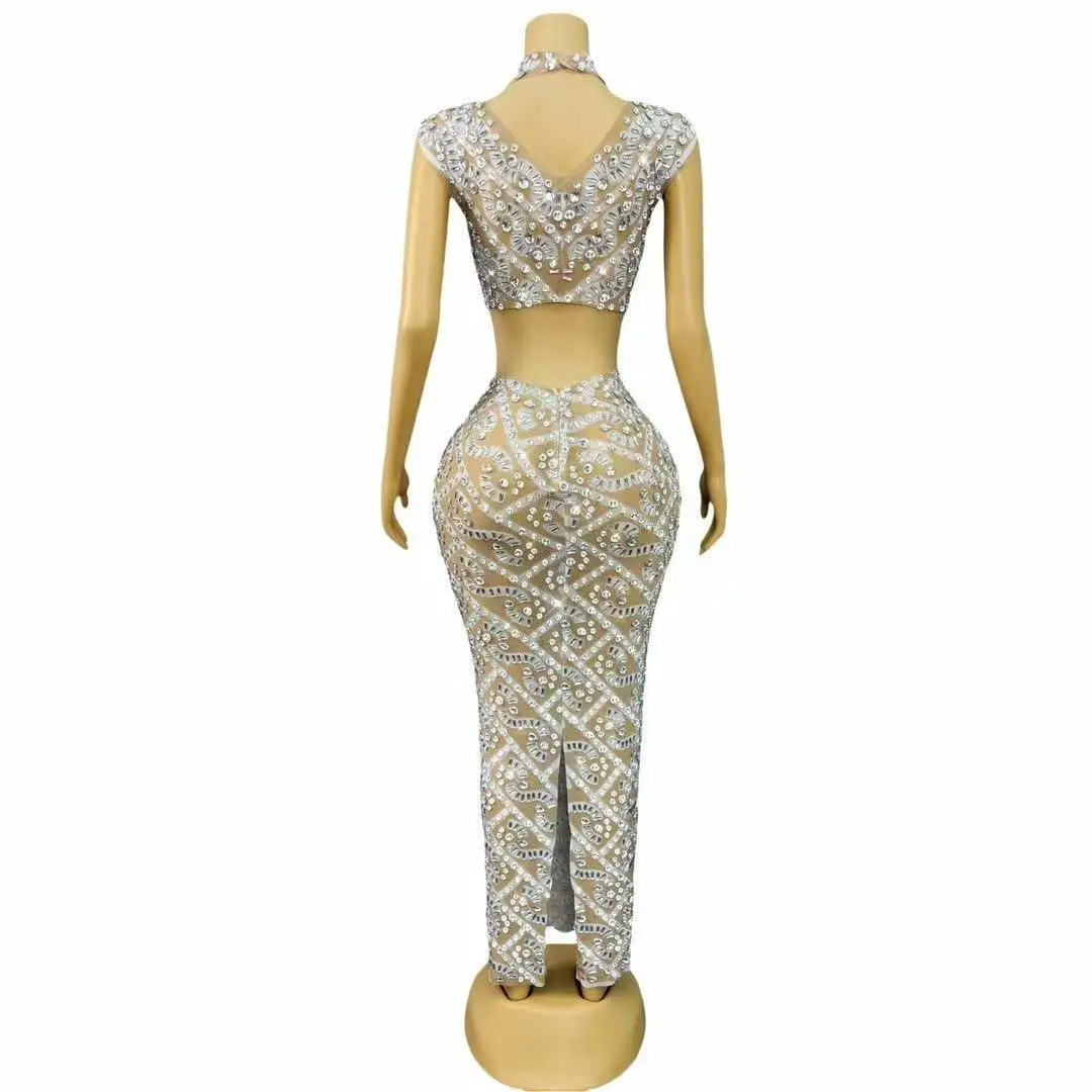 Women Hollow waist Split Set Sparkly Rhinestones Sexy Nude Mesh Outfit Birthday Wedding Celebrate Party Show Costume Stage Wear