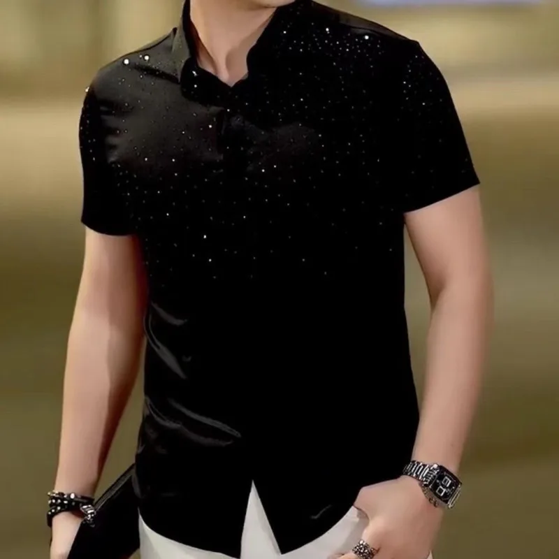 Summer New Men's Stretch Shirt Short Sleeve Simple Hot Drill Process Slim Short Sleeve