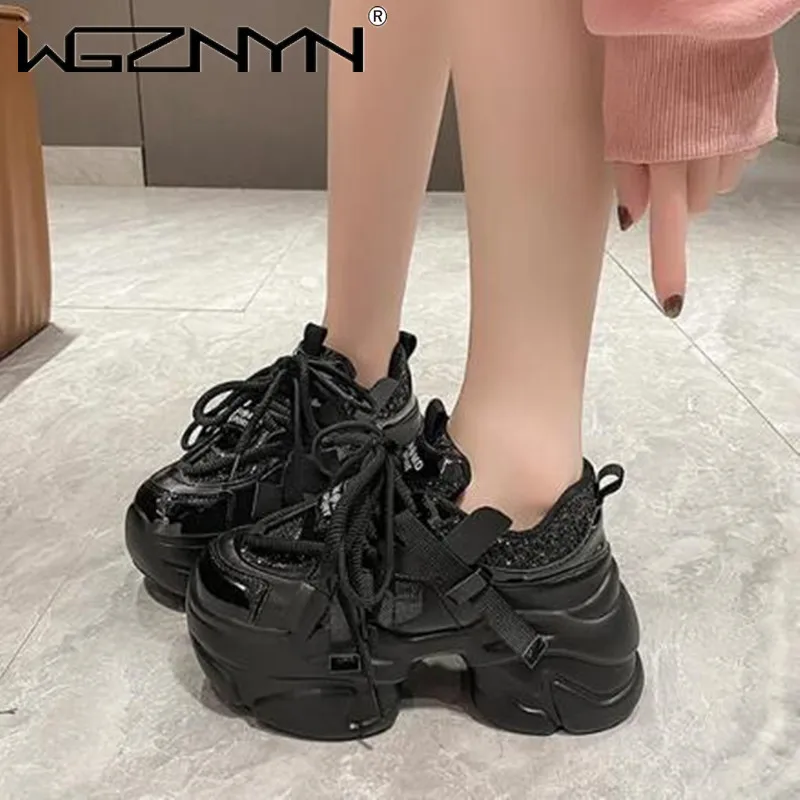 8CM Women Bling Red Chunky Sneakers Winter High Platform Warm Fur Shoes Ladies Wedges Casual Dad Shoes Leather Sports Sneakers