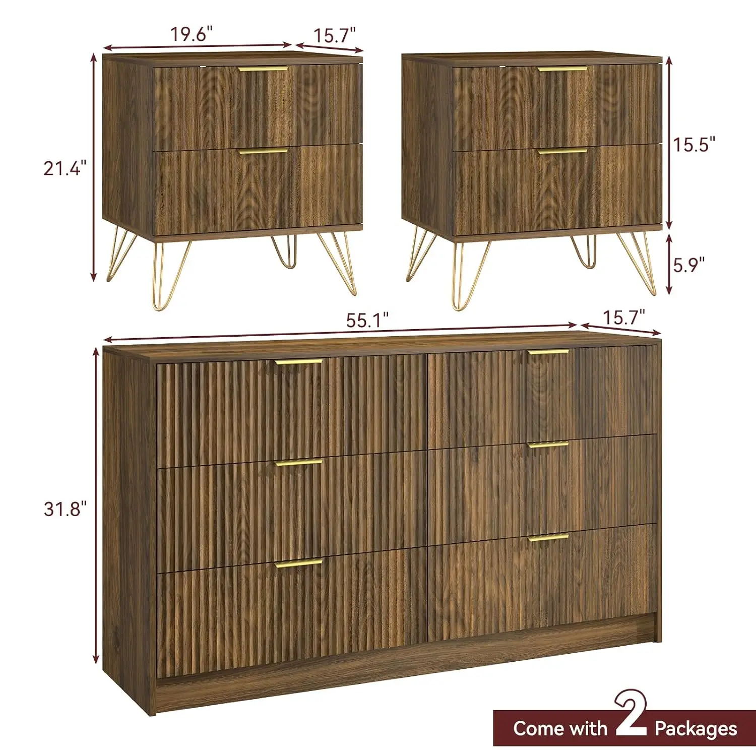 6 Drawer Dresser & Nightstand Set for Bedroom, 3 Pcs Walnut Furniture with Gold Handles, Modern Wood Storage Cabinet, Customized