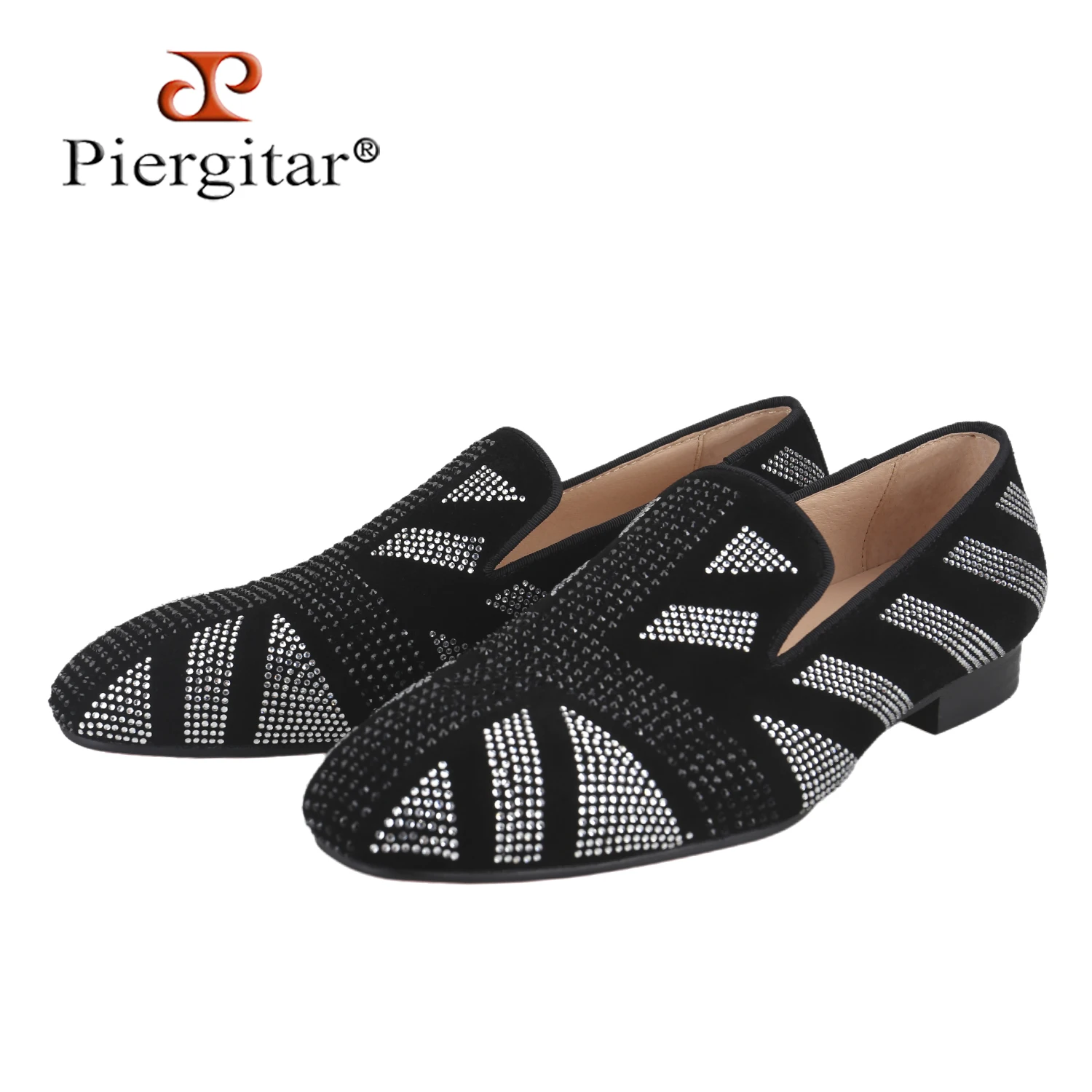 Piergitar Cow Suede With Black And Silver Colors Crystals Slip-On Men's Loafers Handmade Smoking Slippers CL Brand Red Outsole