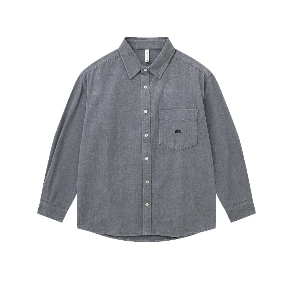 Spring And Autumn Men's Pure Cotton Brushed Lapel Long Sleeved Shirt Harajuku Twill Thick Simple Casual Loose Shirt Chest Pocket