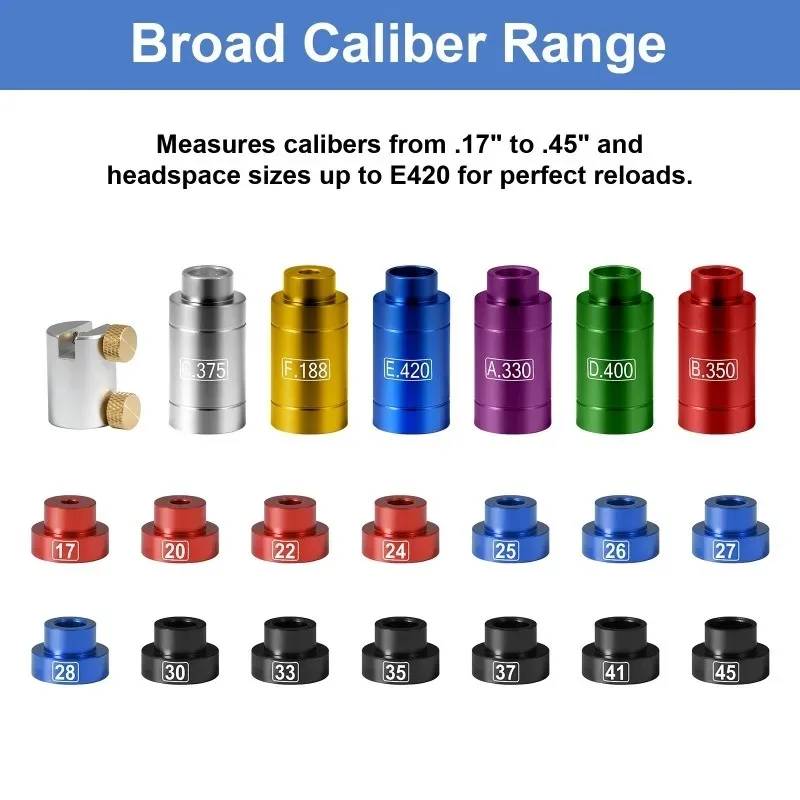 

Набор измерительных головок-компараторов для измерения зазора и свободного пространства в гильзе с 14 вставками, подходит для калибров от .17 до .45