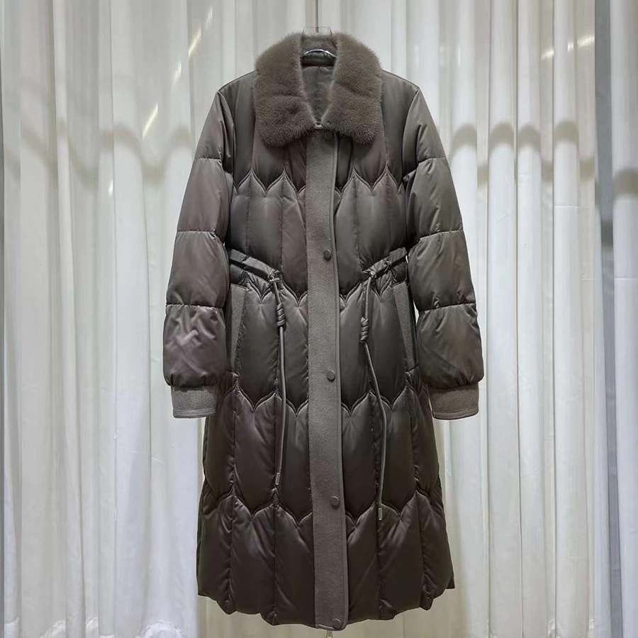 Doudoune longue en fourrure véritable pour femme, veste en duvet d'oie avec fourrure, vison naturel, combinaison d'hiver, luxe, 2024