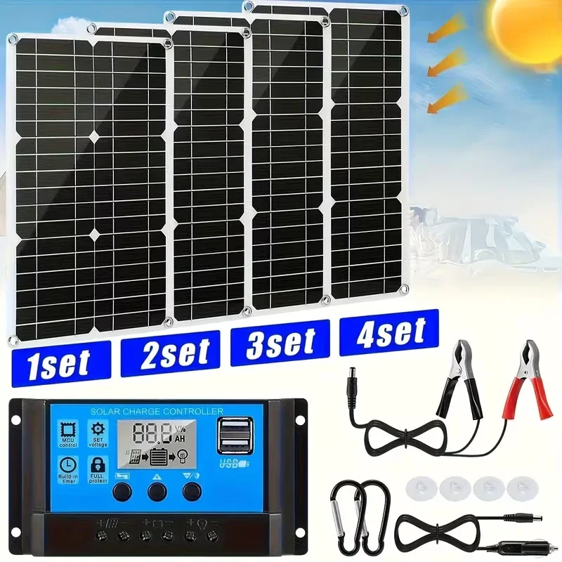 600W/1200W/2400W Solar Panel Kit with 100A Controller & Dual USB, Off‑Grid Solar Power System for Outdoor Camping, RV and Hiking