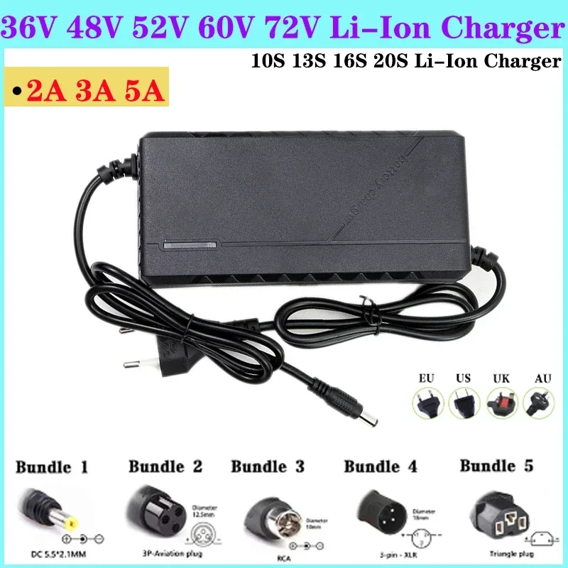 42V 48V 52V 60V 72V 2A 3A 5A Charger for 13S 14S 16S 20S Li-ion Battery Pack Intelligent Fast Charger EU/US/UK/AU