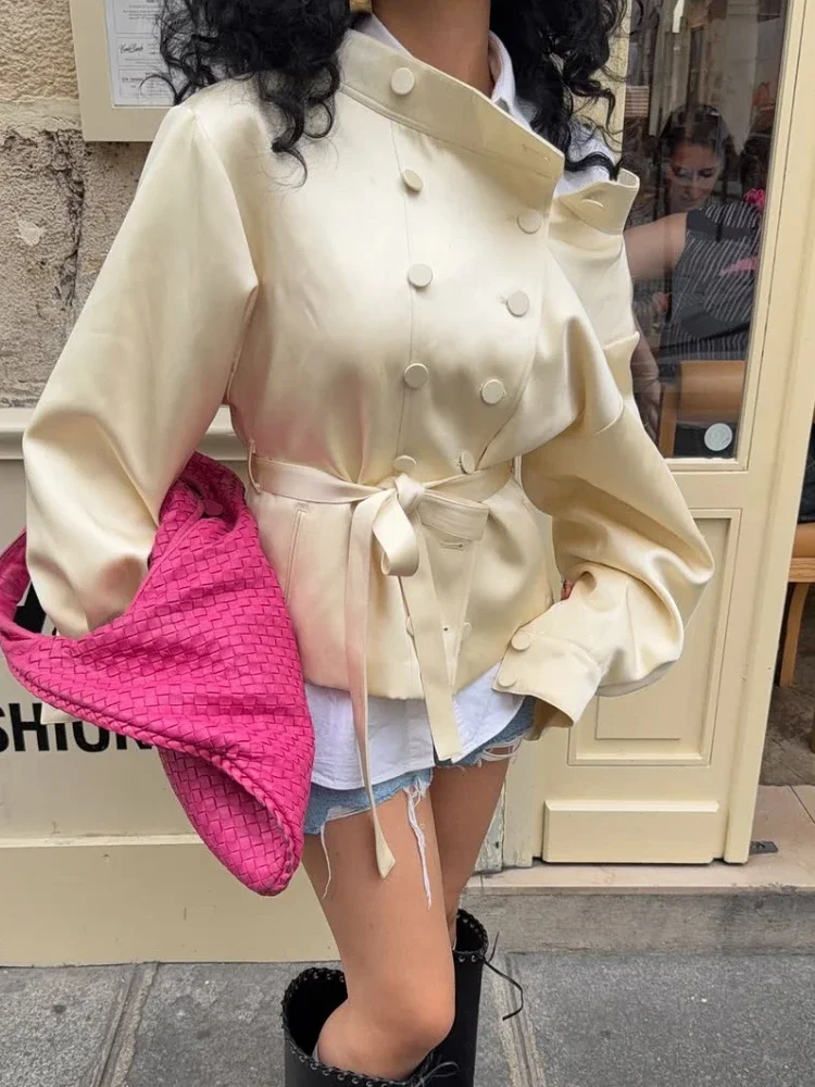 Solid Satin Short Trench Coat Stand Collar Double-Breasted Long Sleeve Tie Waist-Cinching Jacket 2026 Vacation Luxe Outerwear