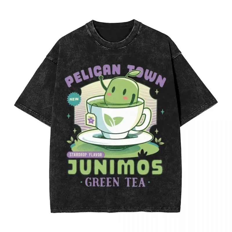 Washed T Shirt Junimos Green Tea Stardew Valley Hip Hop Cool T-Shirts Oversize Game Anime Streetwear Cotton Tees for Men Women