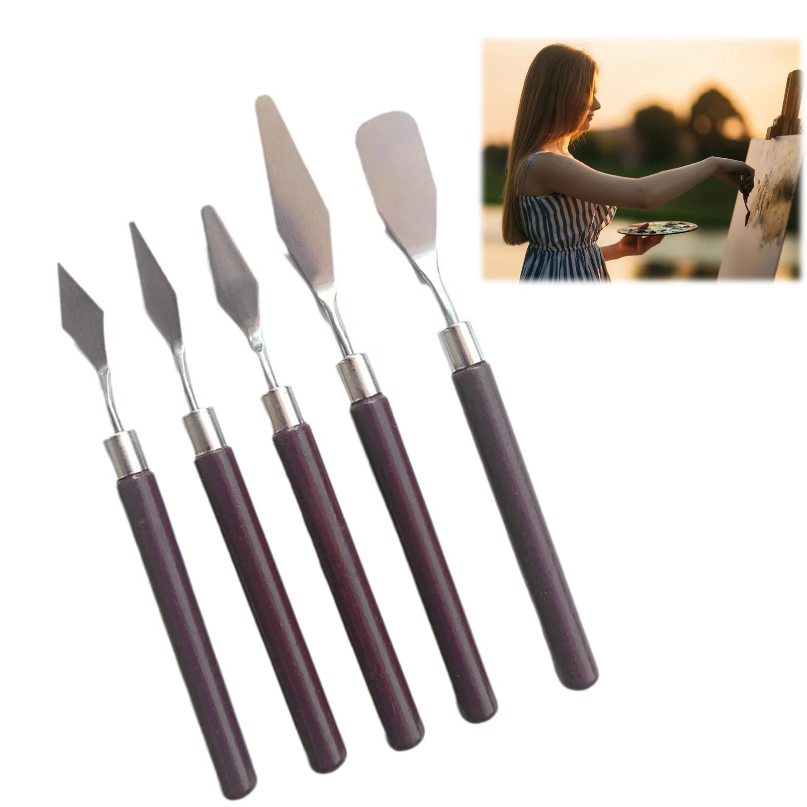 طقم سكاكين لوحة طلاء من الفولاذ المقاوم للصدأ مكون من 5 قطع لطلاء الغواش الزيتي مع أدوات فنية بمقبض خشبي لطلاب الفن