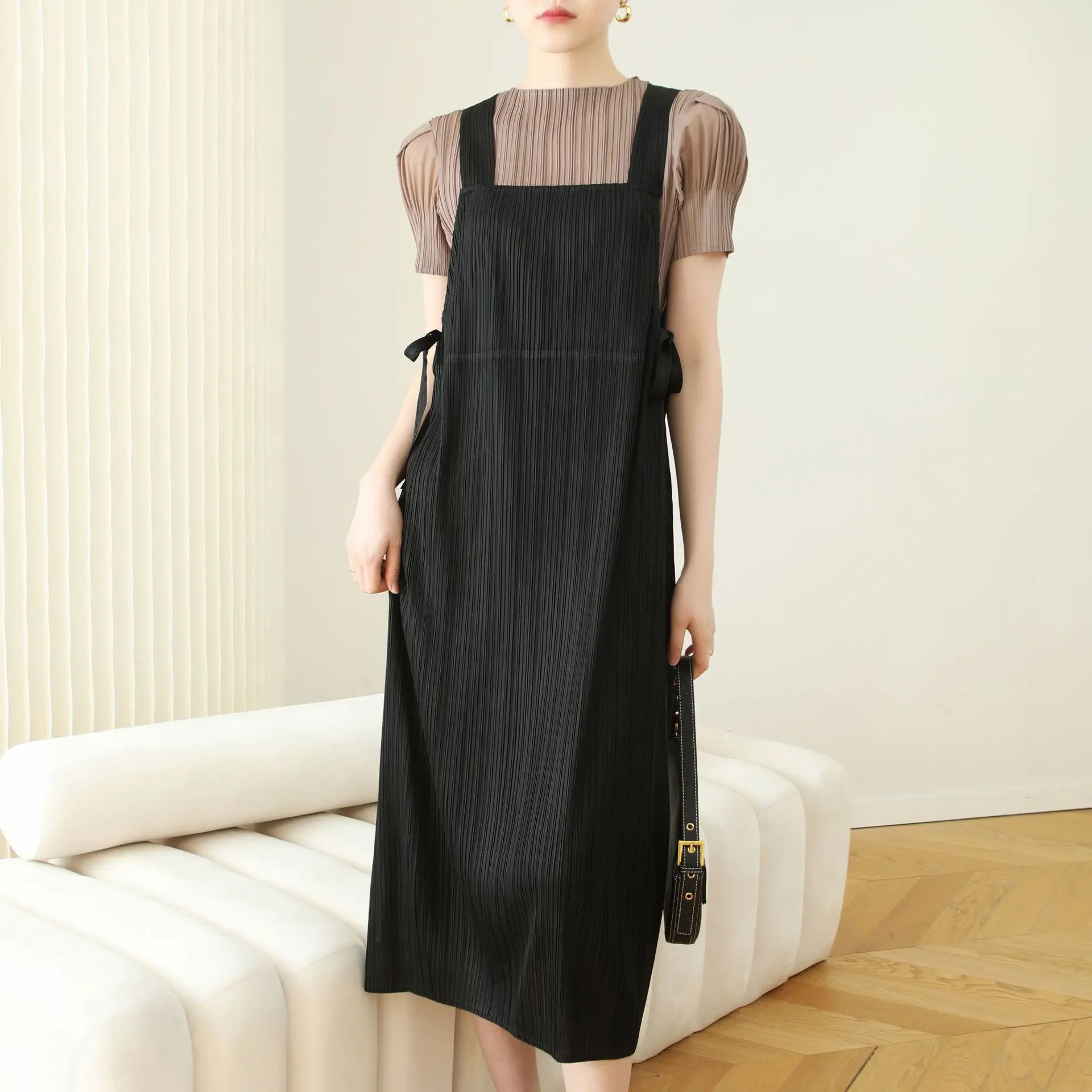 

Складные платья Miyake, весна-лето 2023, новая юбка на подтяжках, однотонное свободное повседневное платье средней длины на шнуровке со шнуровкой