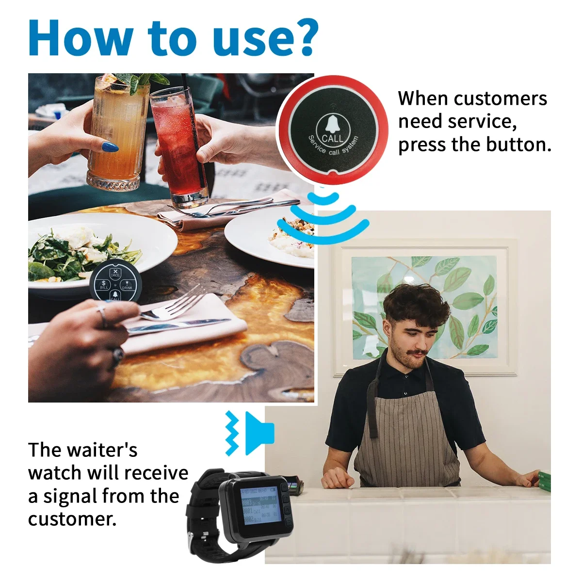 Restaurant Wireless Calling System Guest Call Buzzer Waiter Call System With Watch Pager Vibration Bell 1 Clock 10 Table Buttons