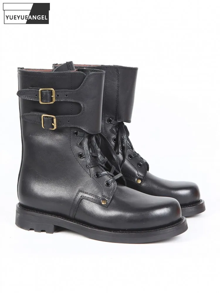 

Male Comfortable Retro Style Handmade Genuine Leather Round Toe Hard Wearing Cowhide Motorcycle Boots Mid Heel High Top Footwear