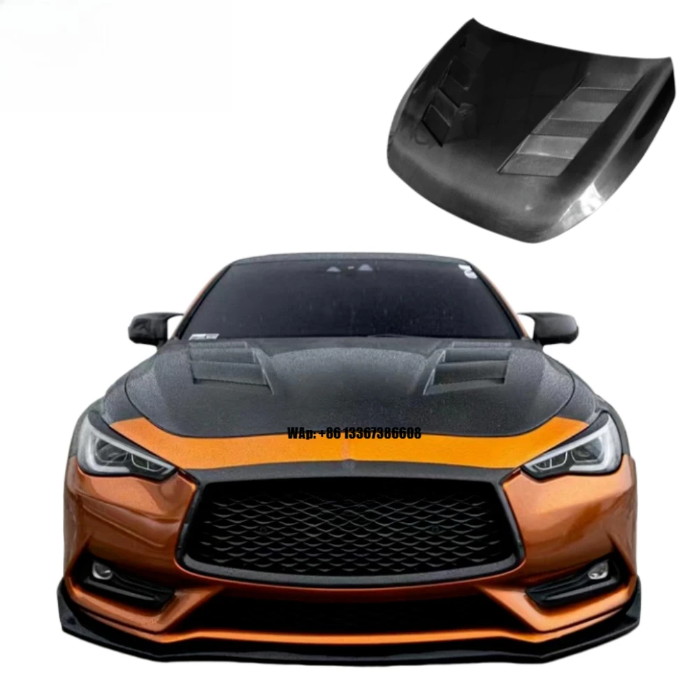

New Carbon Fiber Hood for Infiniti Q60 Modified Open Ventilated Heat-Dissipating Engine Cover with Bolt-On Installation Bolts