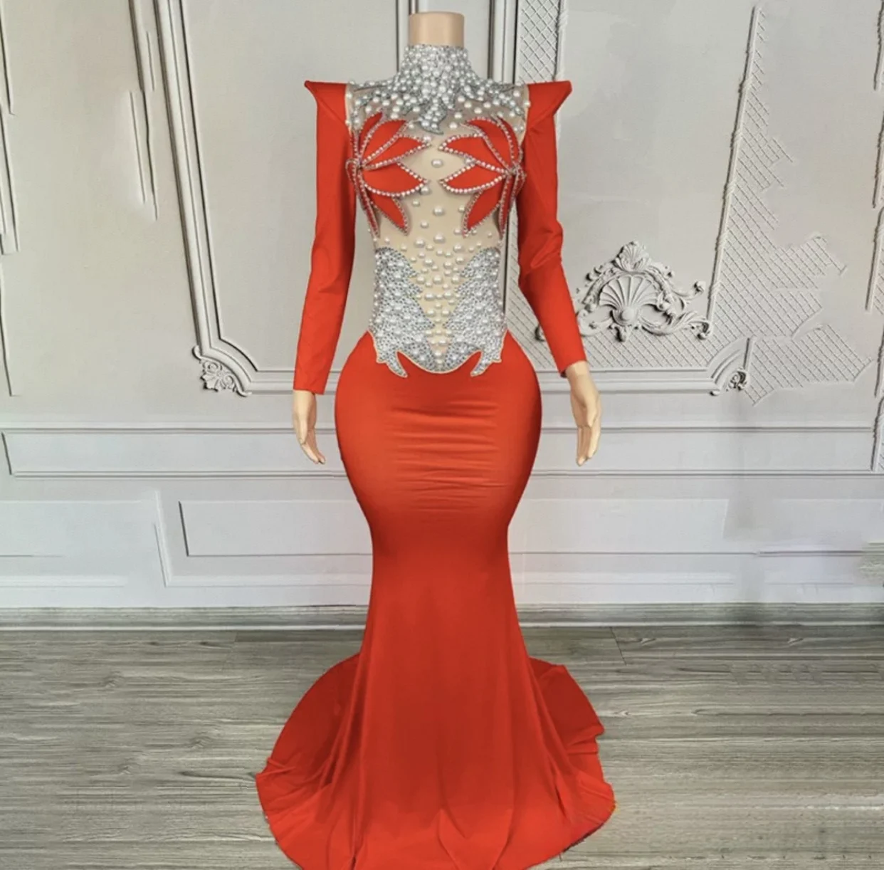 Luxo brilhante diamantes pérola branco ver através de malha vestido longo feminino festa de casamento à noite palco desempenho photoshoot vestido