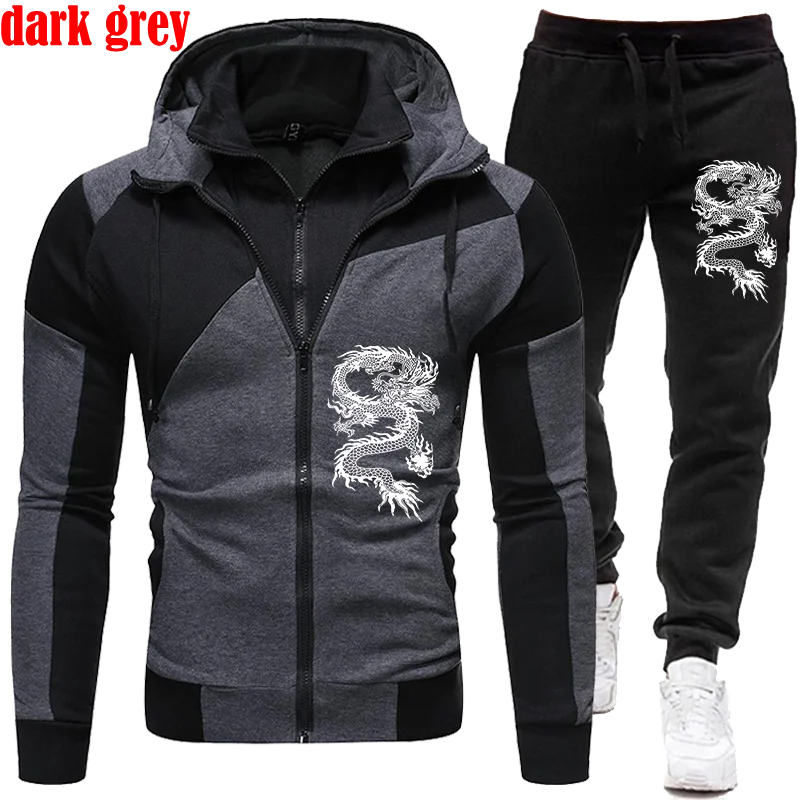 New Fashion Dragon Printed Mens Tracksuit Set Zipper Hoodie Suits Two Pieces Set Jogging Suits Sports Wear