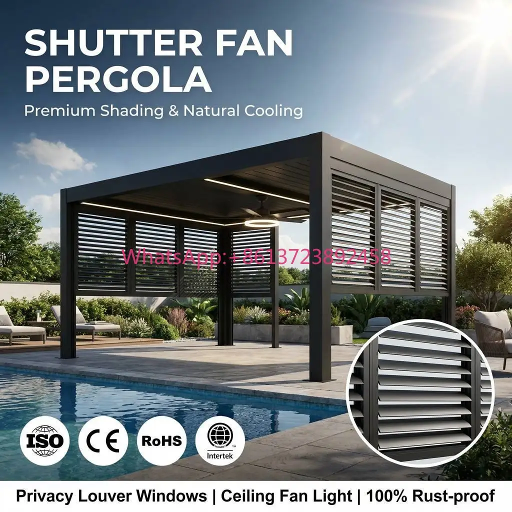 All Weather Aluminum Pergola with Adjustable Louver Windows and Ceiling Fan Light for Luxury Backyard Poolside Lounge Gazebo