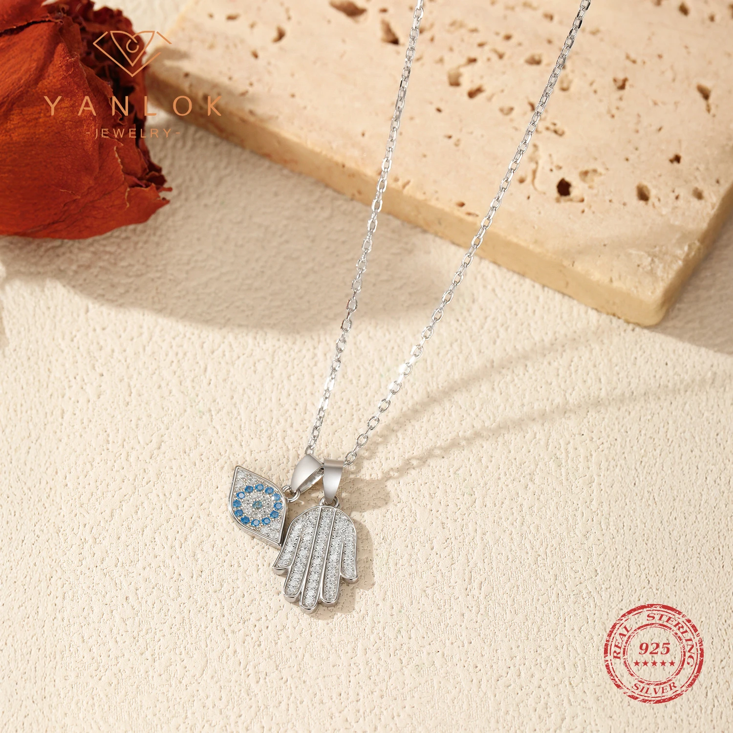 YANLOK 925 Sterling Silver Fashion Delicate Blue Eyes Palm CZ Link Chain Pendant Necklace For Women Fine Jewelry