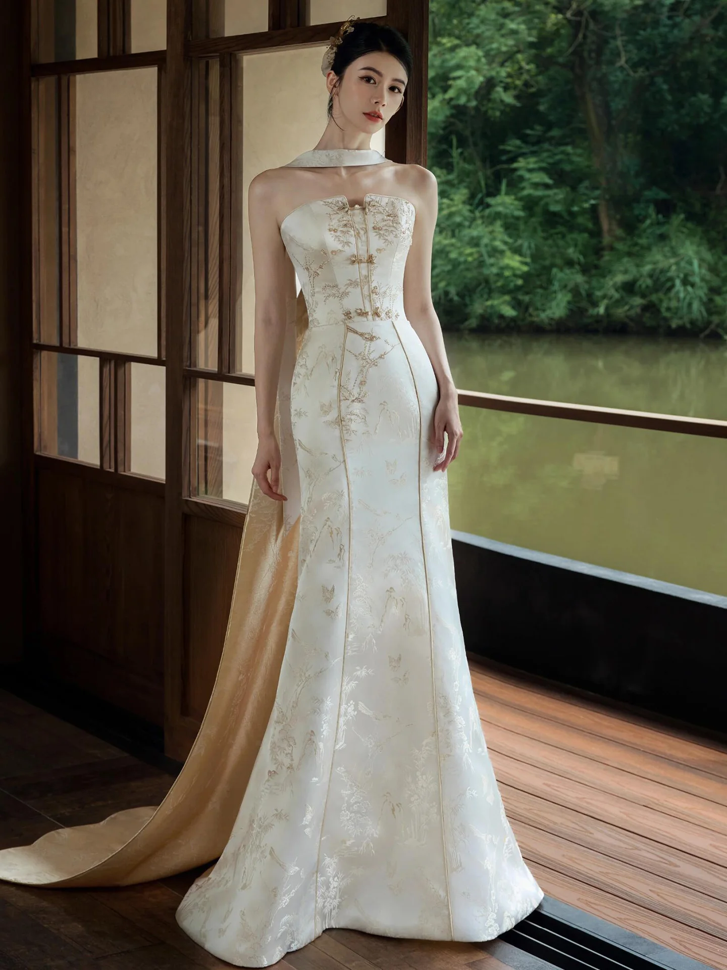 

Новое китайское свадебное платье класса люкс для женщин: вечернее, для невесты, на помолвку, для бала, с завышенной талией, фасон «рыбий хвост»