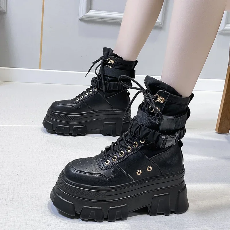 7CM Green Punk Chunky Platform Motorcycle Boots Women Autumn Winter Gothic Shoes Woman Thick Bottom Lace Up Ankle Botas Mujer