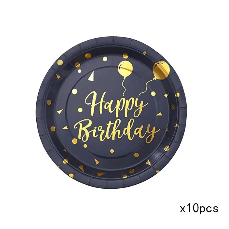 Zwart goud verjaardag wegwerpservies set papieren borden kopjes servetten tafelkleed geschikt voor verjaardagsfeestjes en bruiloften.