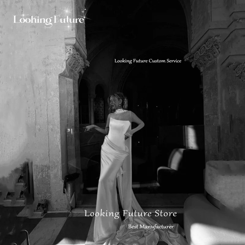 Vestido de novia de satén de sirena sencillo, tul, mangas largas, elegante, cuello alto, Formal, plisado, largo hasta el suelo, personalizado, 2025