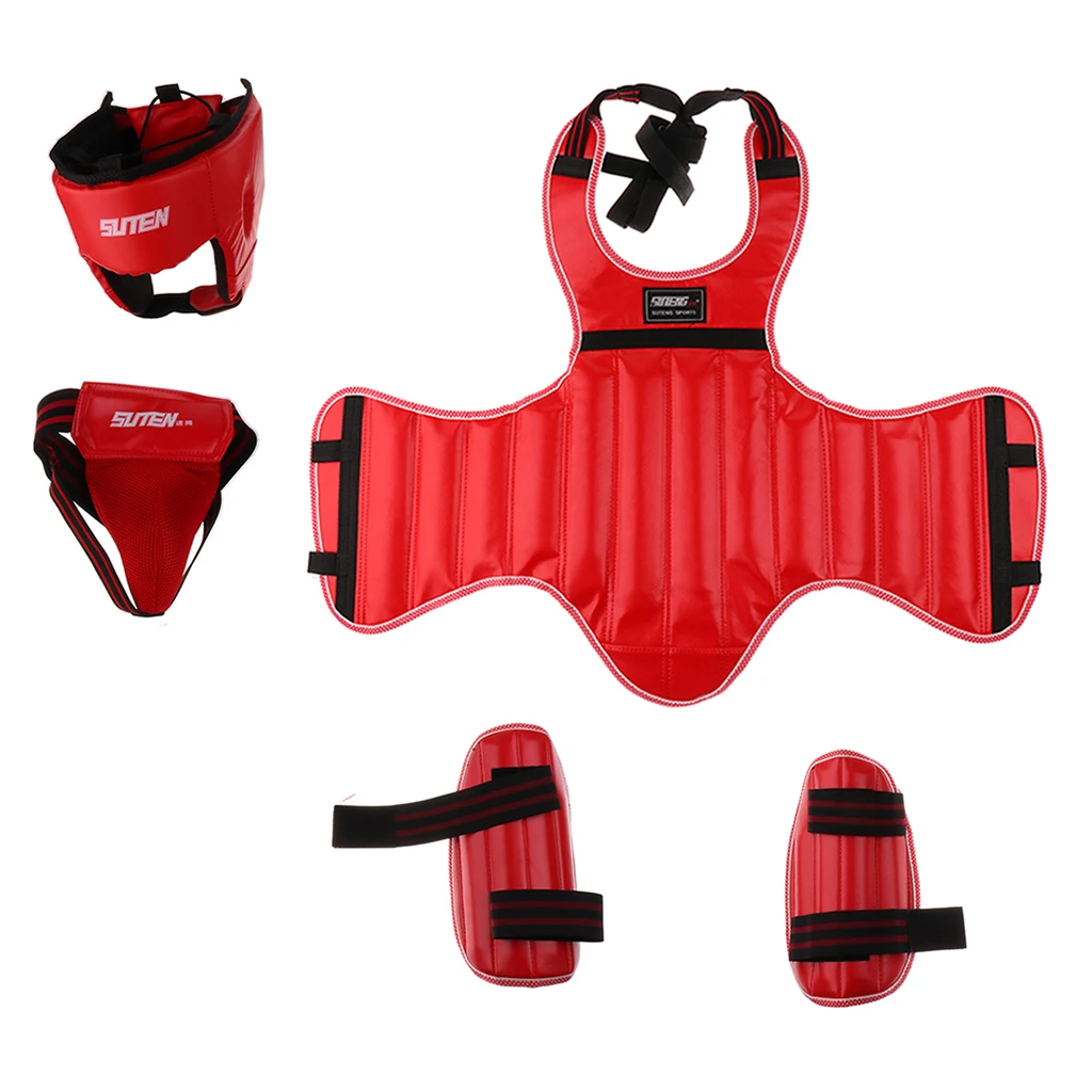 Conjunto de equipamentos de sparring para artes marciais com arnês de boxe, corpo, caneleiras, tamanho da virilha, cabe em cores selecionadas