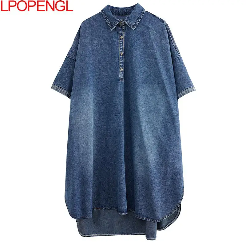 Imagem -05 - Vestido Jeans Feminino na Altura do Joelho Streetwear Manga Batwing Pulôver Extragrande Camisa Solta Moda Primavera Roupas Femininas 2024