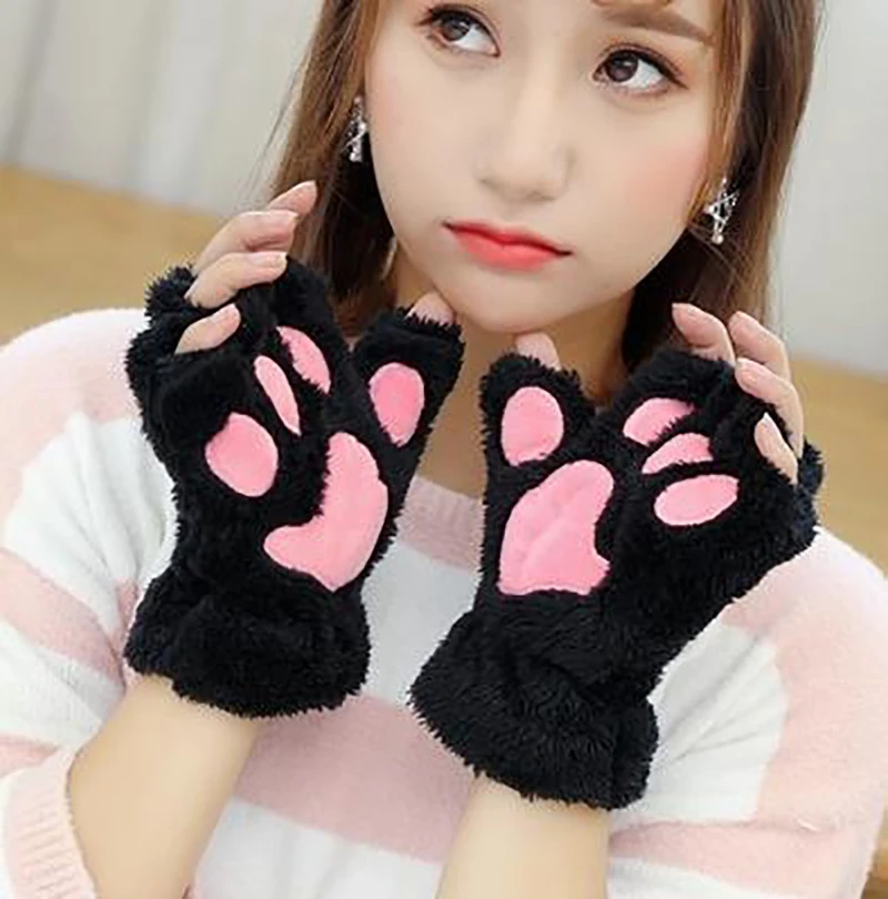 1Pcs Cat Paw Gloves Winter Cute Cartoon Girl Open Finger Gloves Thickened Fluffy Bear Paw Half Finger Gloves