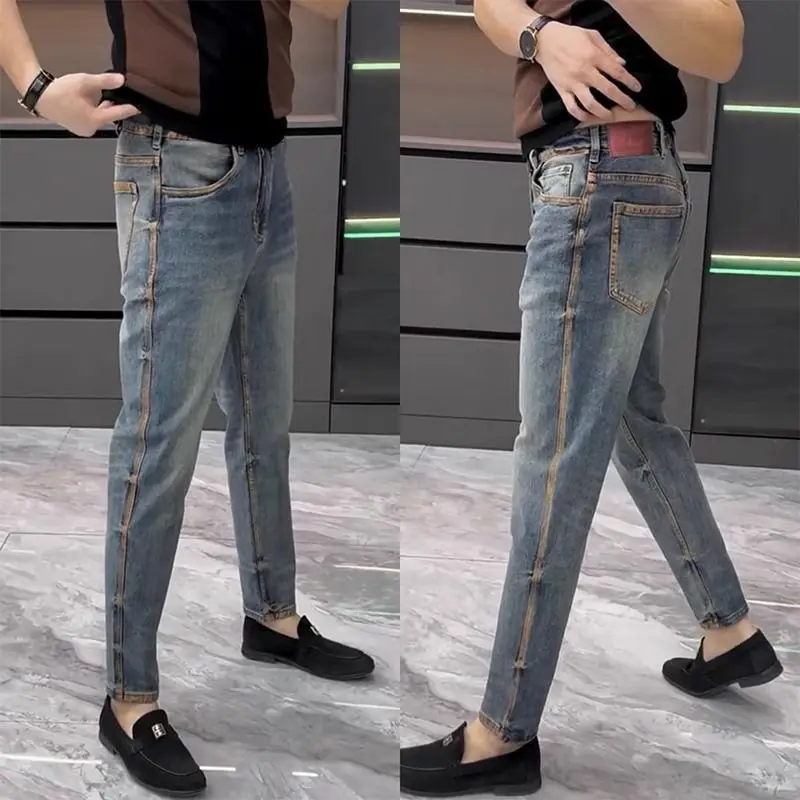 Blue Slim Fit Casual Jeans Men's Trendy mid Waist Washed Denim Pants Youthful Wear Resistant Small Straight Leg Jeans
