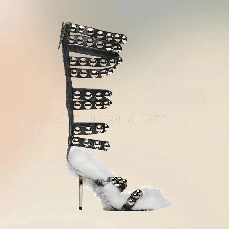 

Round Rivets White Fur Metal Heel Sandals Boots Back Zipper Women Shoes Thin High Heels Party Banquet 2025 Zapatos Para Mujere