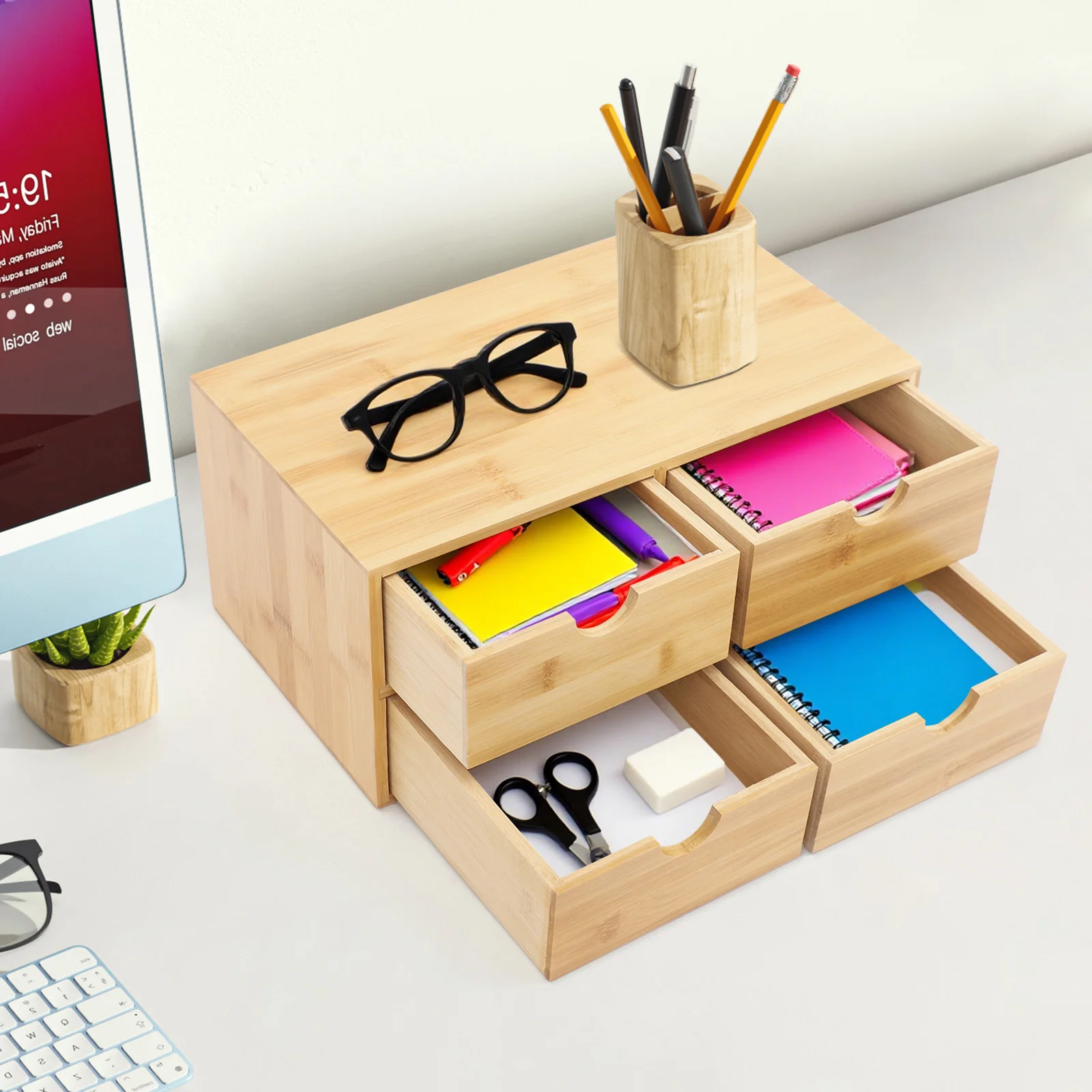 Desk Organizer Bamboo 4 Drawers, Durable Office Supplies Storage Box, Space Saving, Scratch Resistant, No Assembly, Desk Storage for Home & Office