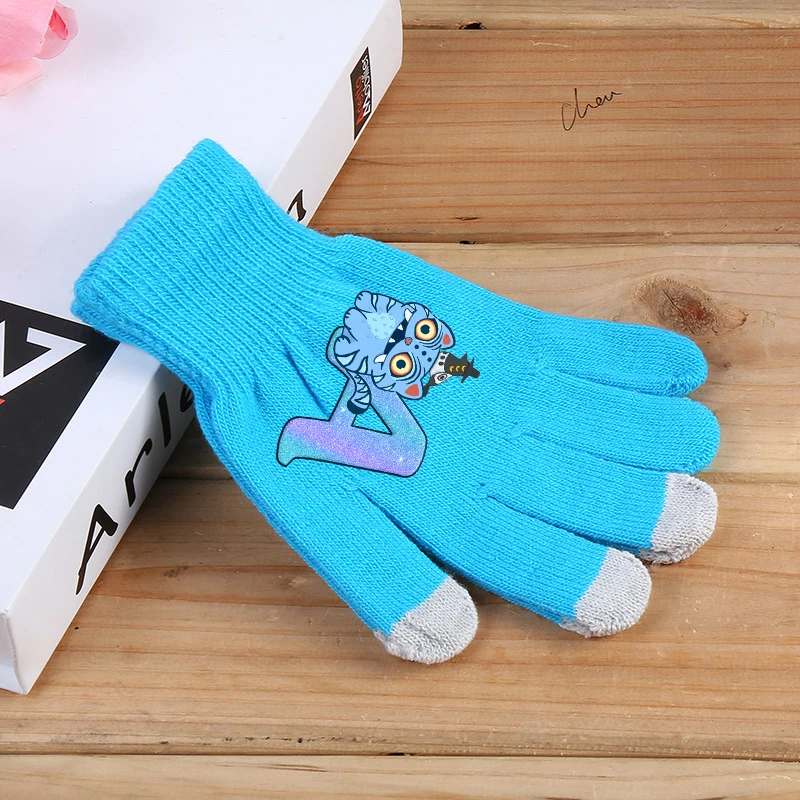 

Kpop Demon Hunters Letter Printed Blue Knitted Gloves Boys Girls Keep Warm Autumn Winter Touch Screens Cartoon Gloves Kids Gifts