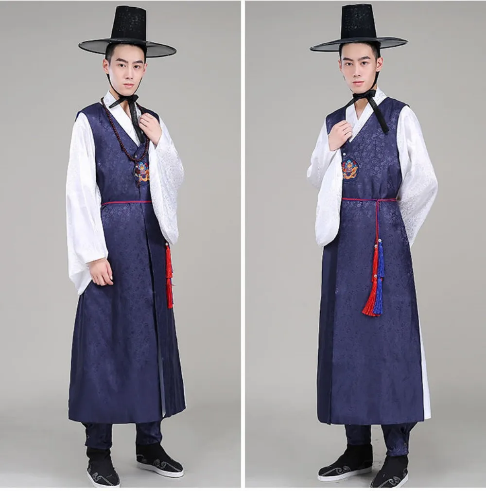 Traditional Hot Silver Korean Traditional Men\'s Hanbok Palace Wedding Korean Ethnic Performance Stage Costume Set