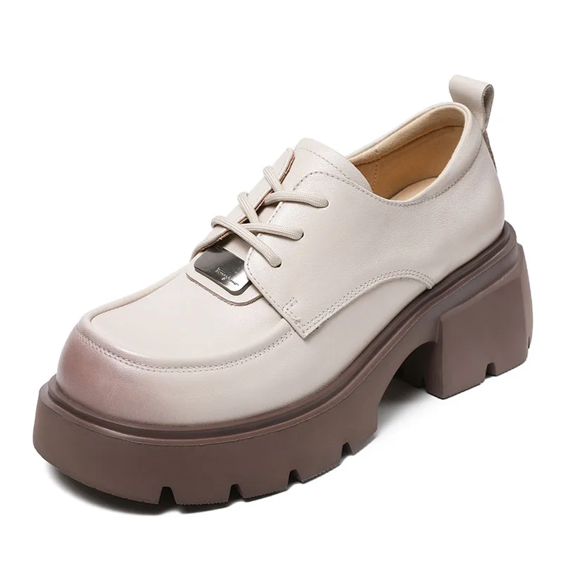 DRKANOL scarpe da donna in vera pelle di Design di lusso décolleté in pelle di vitello punta tonda in metallo con lacci spessi tacco alto scarpe Casual retrò da donna