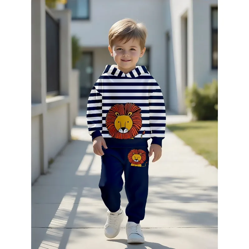 Little Boys 2 Piece Hoodie Jogger Tracksuit, Cartoon Lion Stripe CB Letter Dinosaur Print Kids Casual Daily Sport Outfit