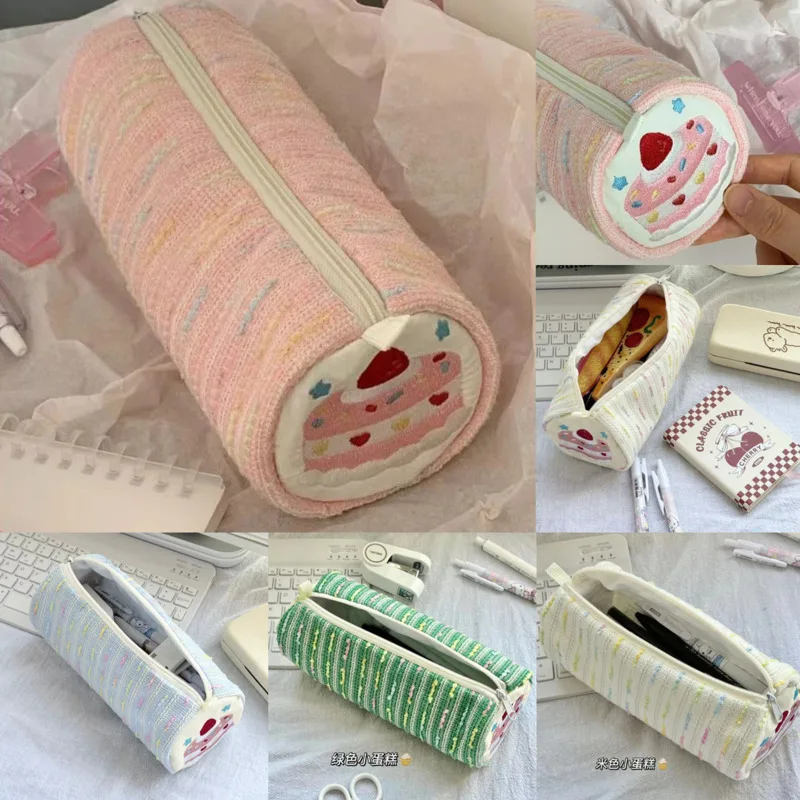 Strawberry Cake Embroidery Pen Bag Girl Japan Korea Cute Cylinder Stationery Box Storage Large Capacity Unisex Stationery Bag