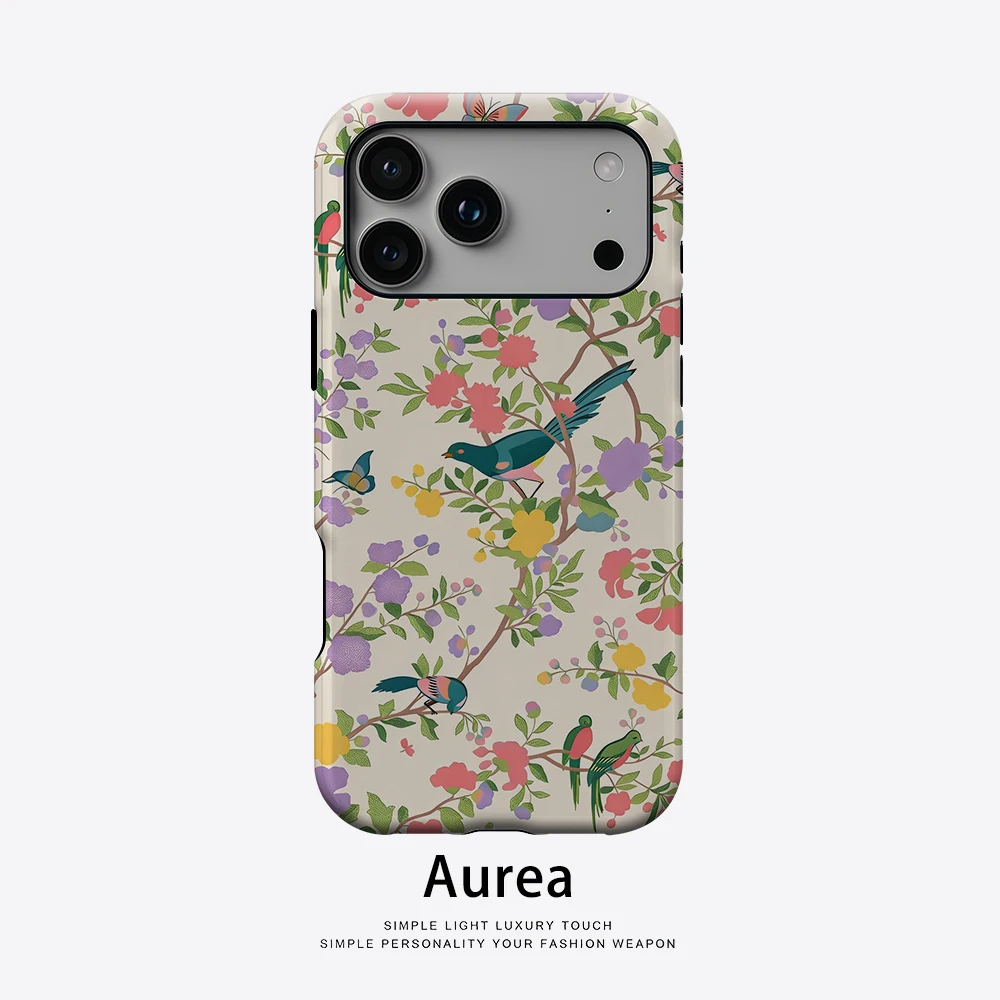Aurea Matte Bumper Magsafe Hülle für iPhone 17/16/15/14 Plus/13 Pro Max Stoßfeste Harte PC-Hülle mit Blumen-, Vogel- und Schmetterlingsdruck Kabellos C