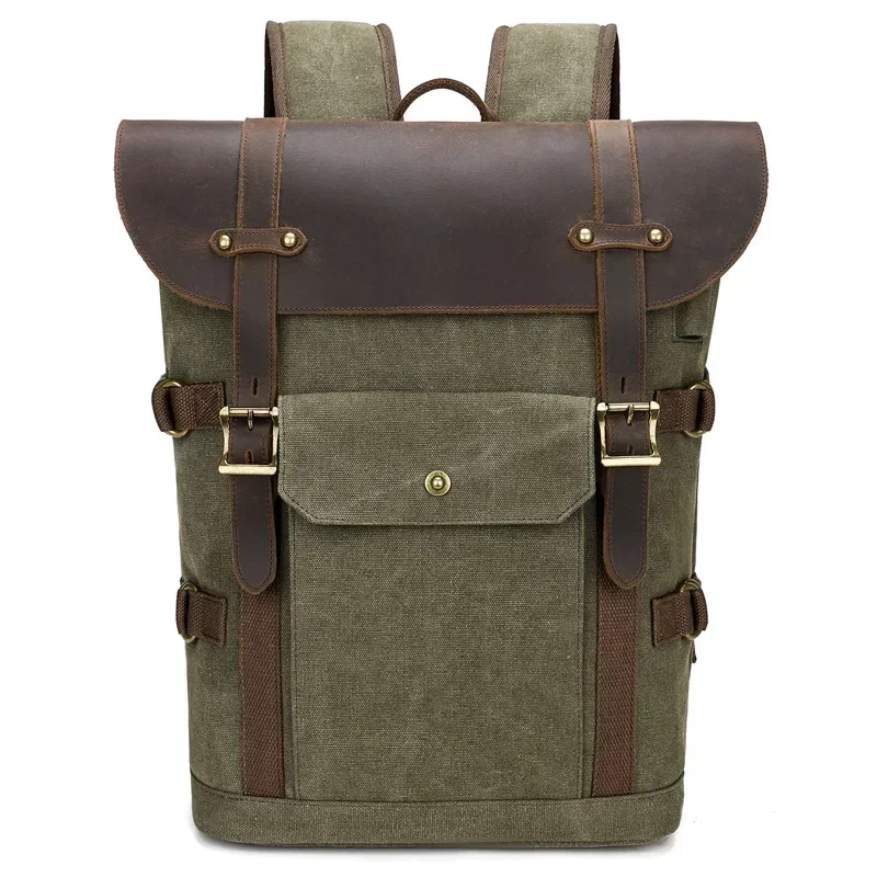 

Canvas Backpack Retro Men's Bag Outdoor Large Capacity Computer Bag Crazy Horse Leather Backpack with USB Charging Port