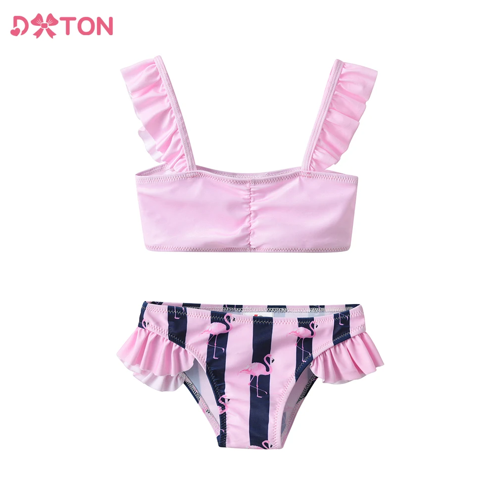 DXTON Girls Swimming Suit 2 Pcs Kids Suspended Tops and Shorts Girls Flamingo Cartoon Print Swimwear Children Clothes Beach Wear