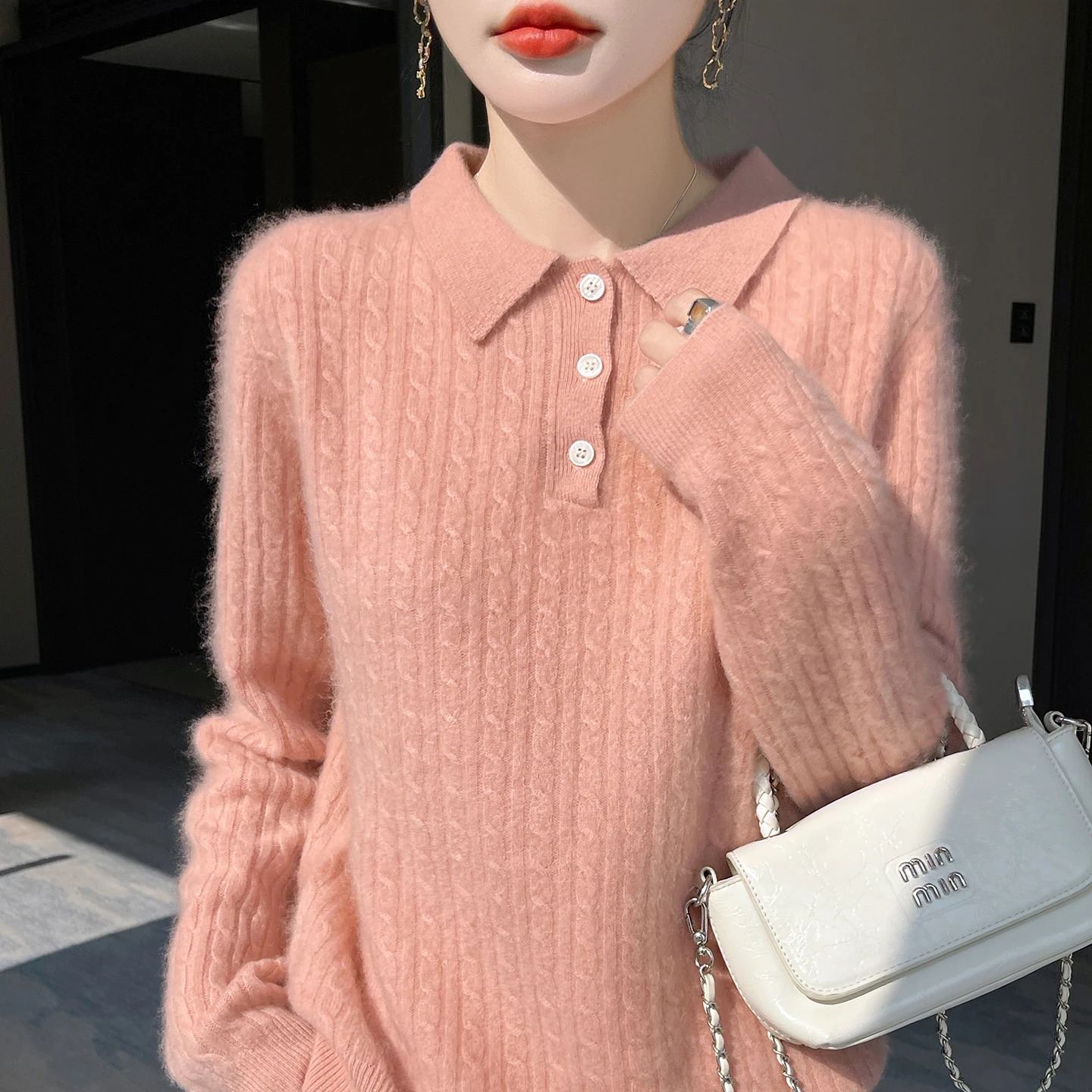 

100% Merino Wool New Polo Collar Knitted Thick Pullover Cashmere Sweater Solid Color Casual Autumn Winter Comfortable Top Cloth